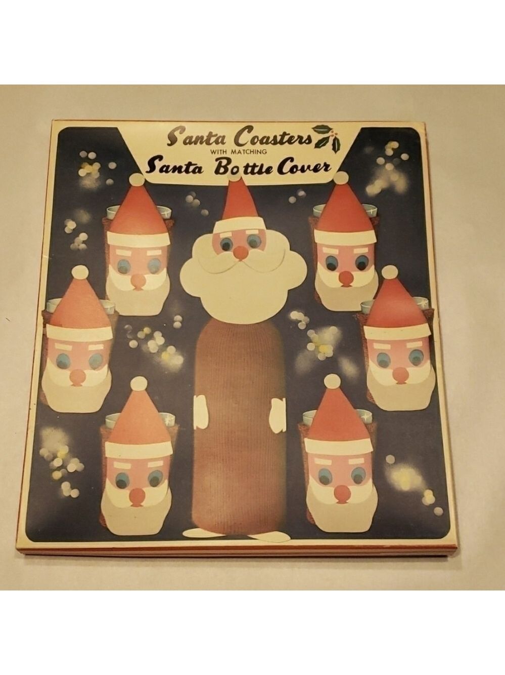 VINTAGE Rare Santa Coasters Bottle Cover Set for Christmas Barware Made in Japan